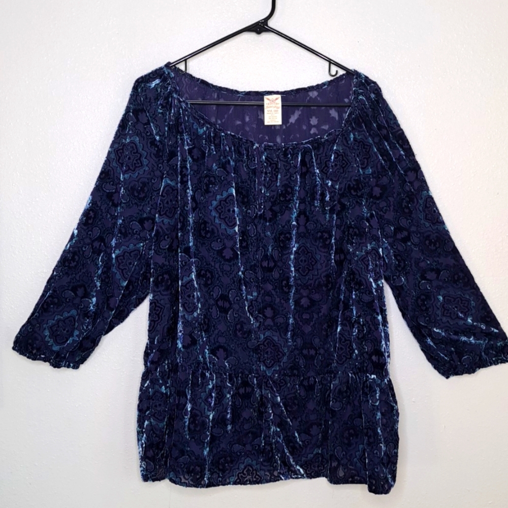 Faded Glory Purple Blue Floral Velvet Blouse 3/4 Sleeve XXL - Picture 4 of 16